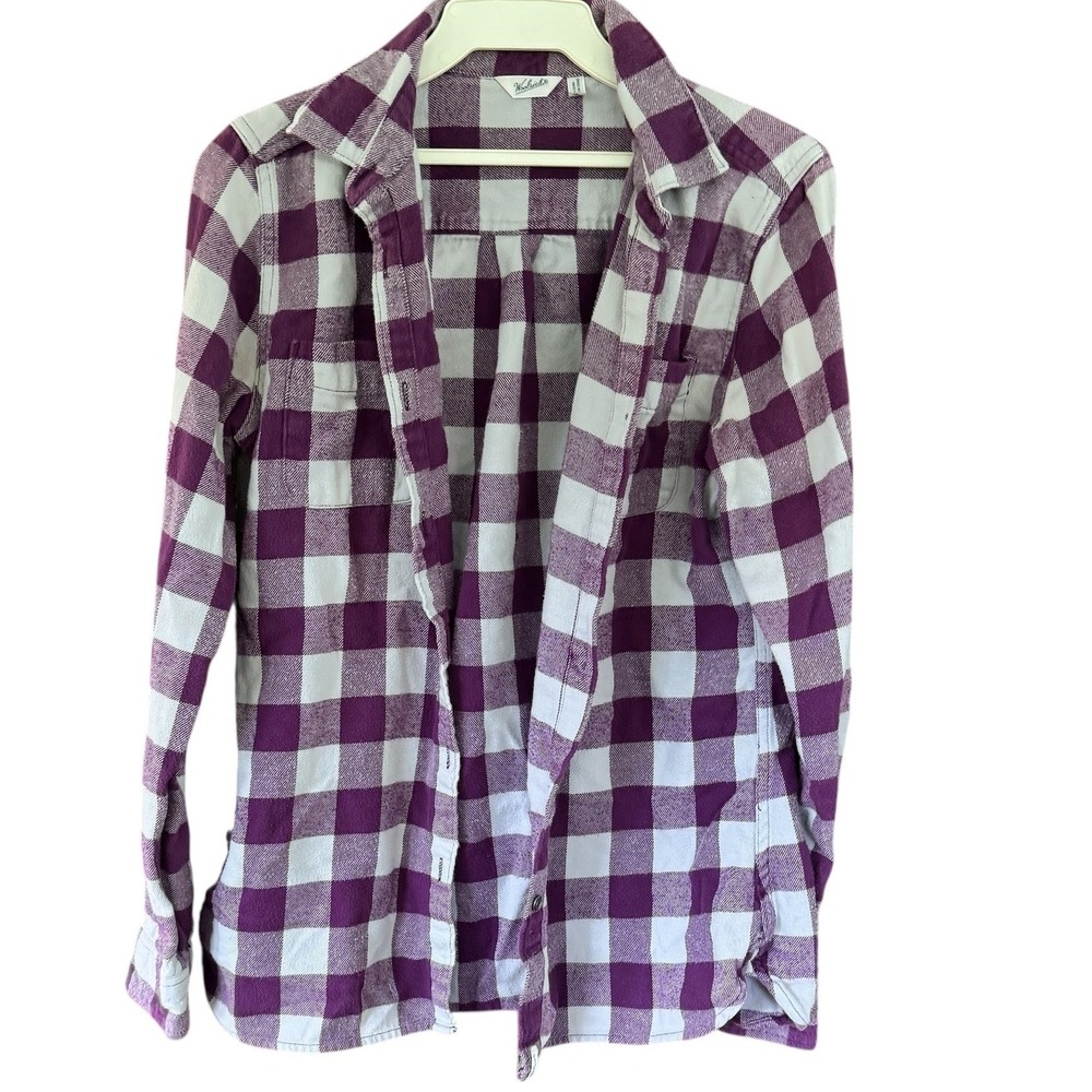 Woolrich Purple White Buffalo Check Plaid Flannel Button Up Shirt Small women's
